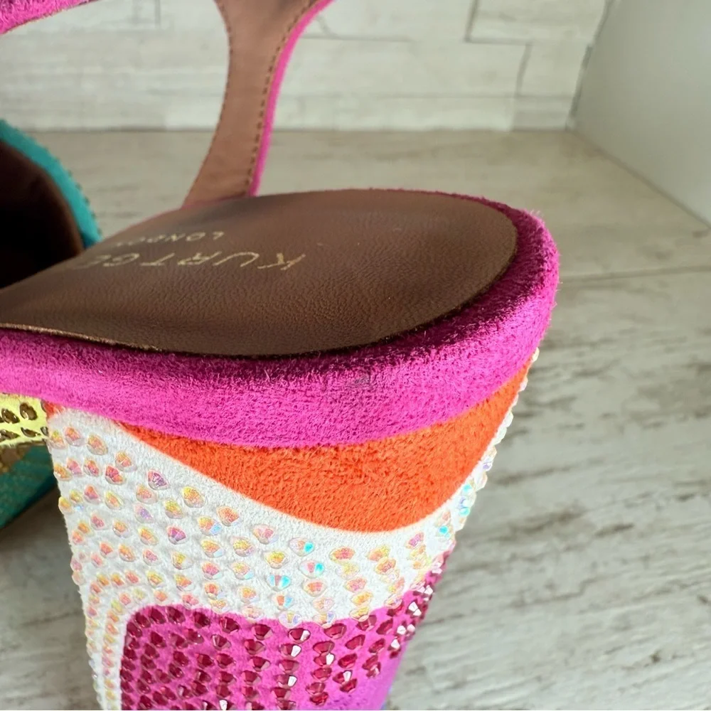 Kurt Geiger London Kensington Glitz Rainbow Rhinestone Platform Sandals SZ 40.5